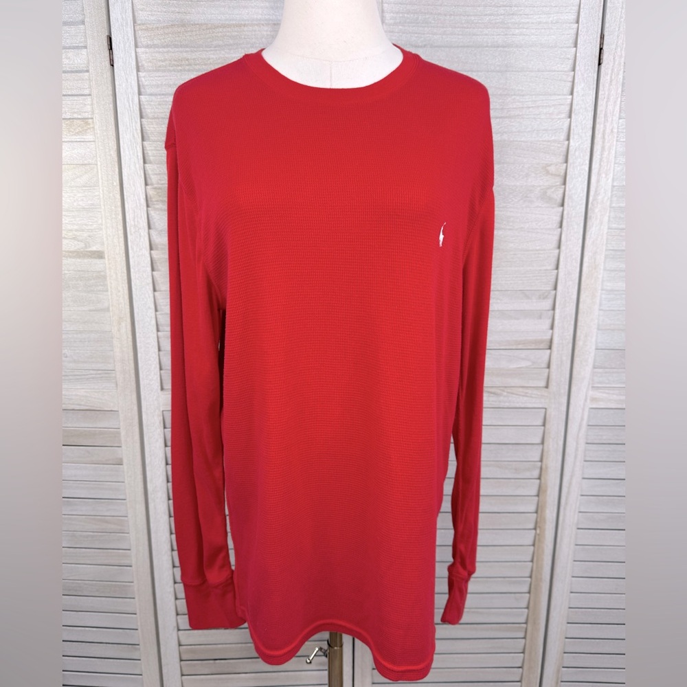 POLO RALPH LAUREN Men's Waffle Knit Crewneck Long Sleeve Tee Red/White-Large